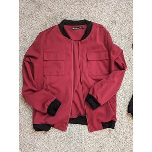 Allegra K Red Ribbed Collar Cuffs Hem Bomber Jacket Small